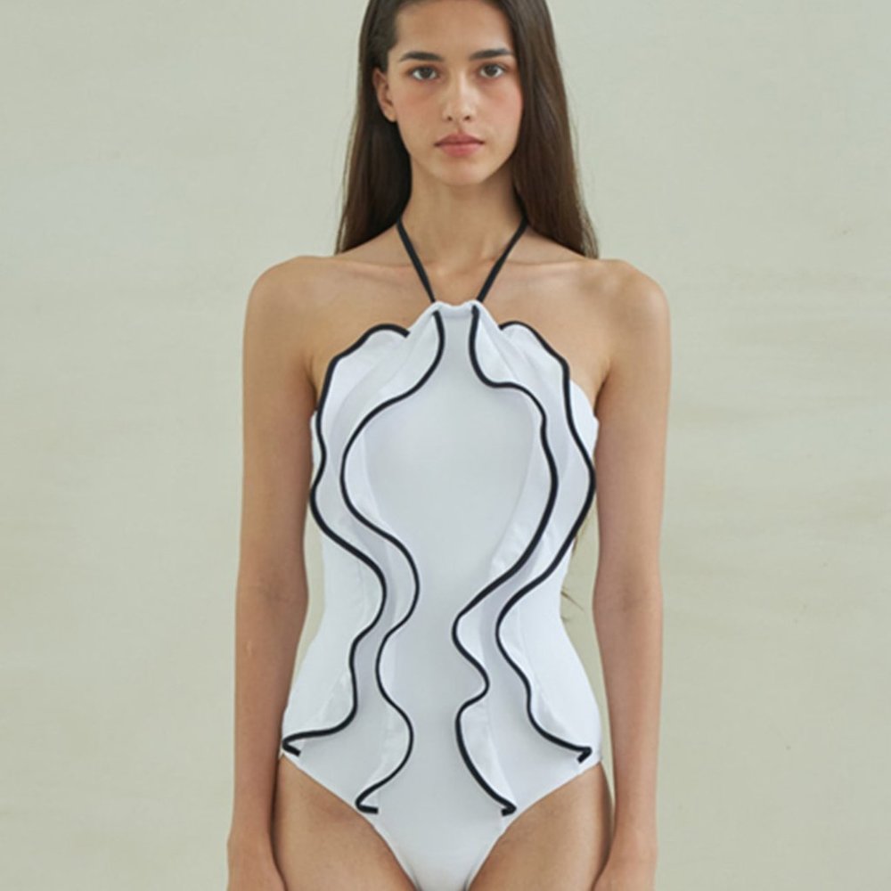 Contrast Binding Halter One Piece Swimsuit
